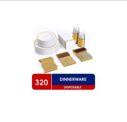 320 Piece Gold Rim Disposable Plastic Plates Dinnerware Sets,45 Guests