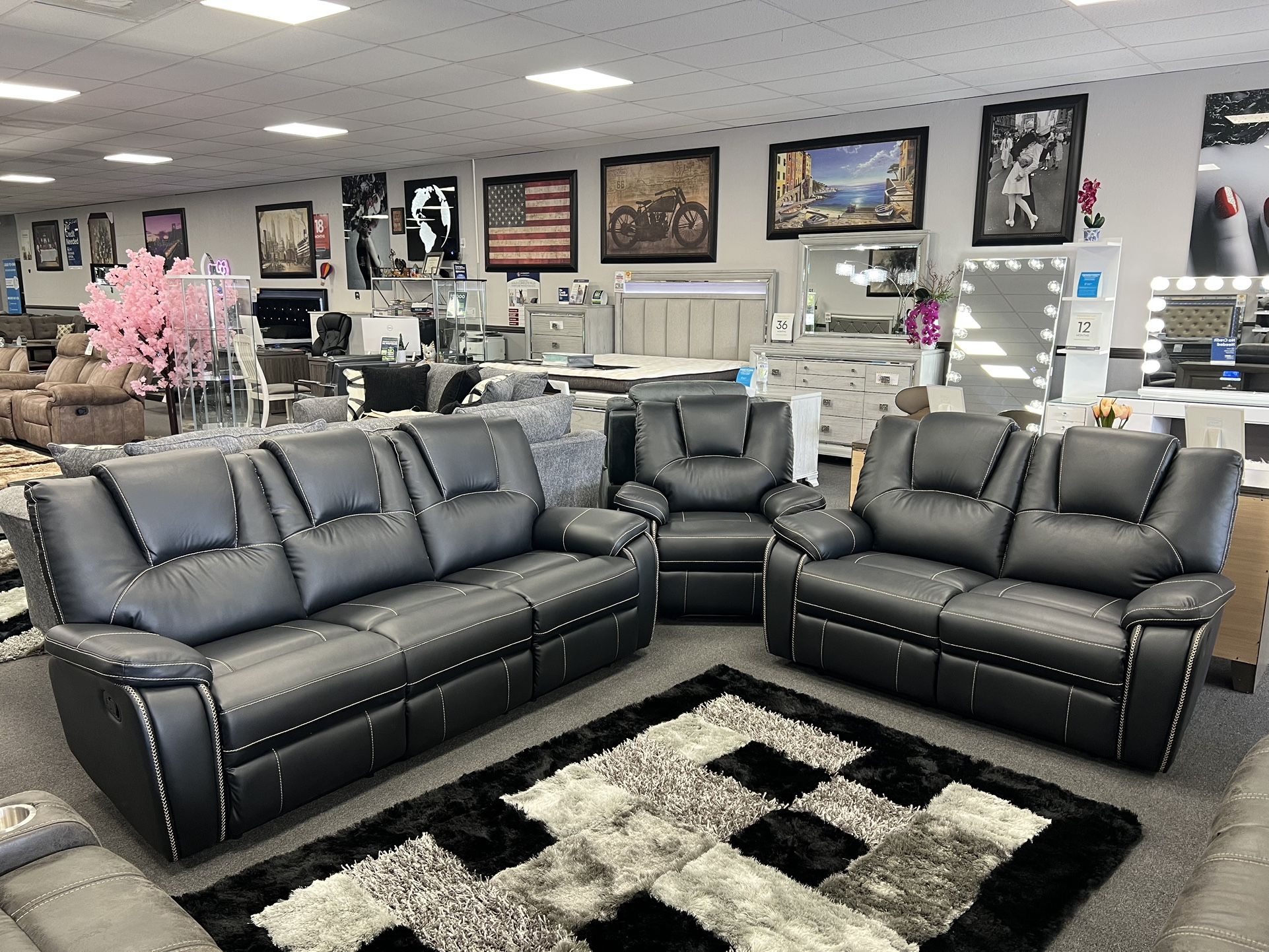 2PC Black Leather Sofa & Loveseat w/ FREE Recliner