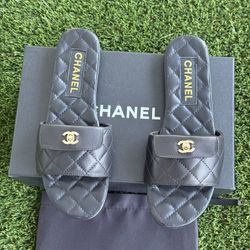 Chanel Black Leather Mule Sandals