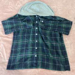 Women Green & Blue Plaid Button-Up Sweater With Grey Hood
