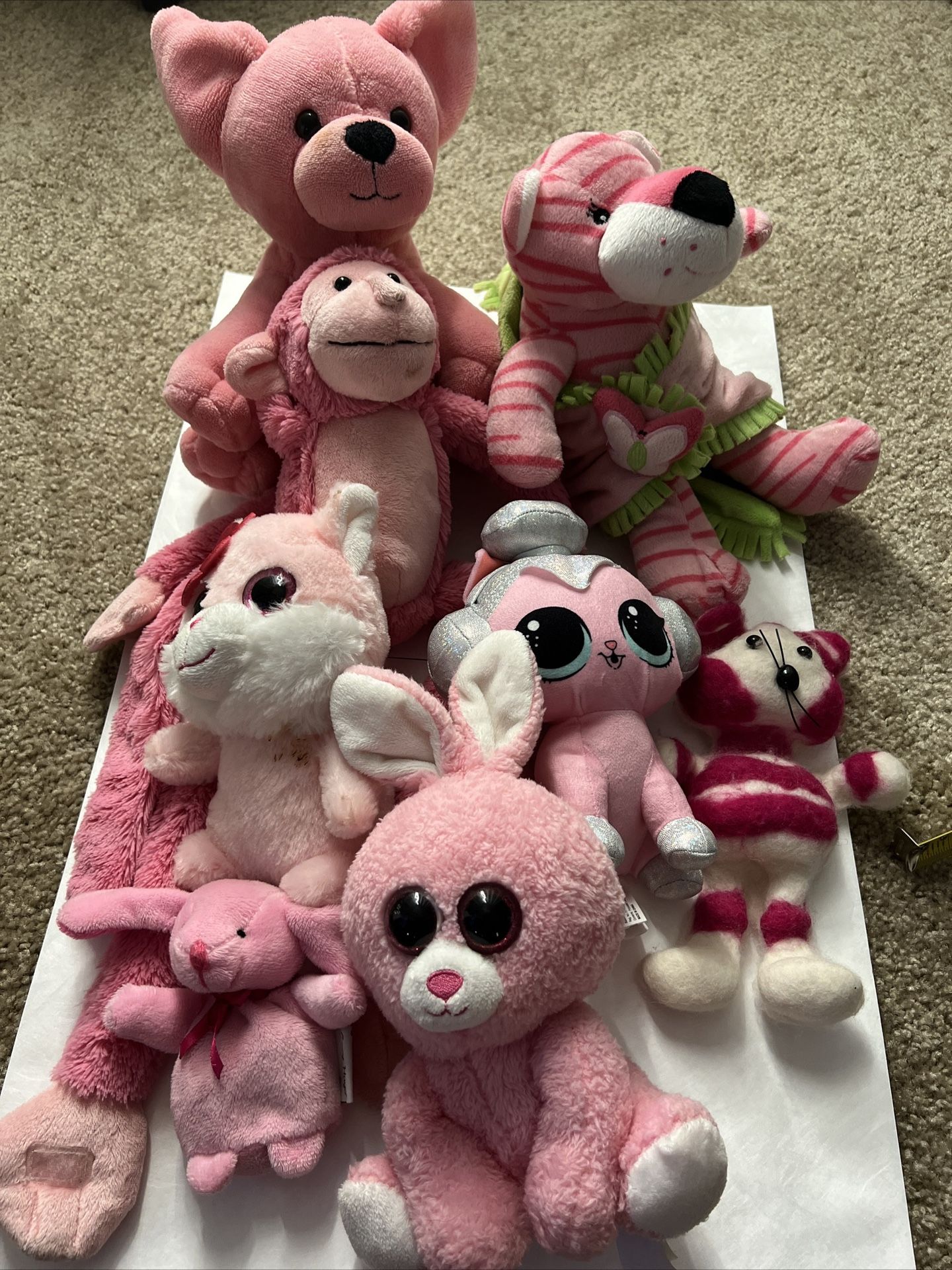 Lot Of 8 Plush Pink Animal Toys (Bear, Tiger, Monkey, Cat, Rabbits )