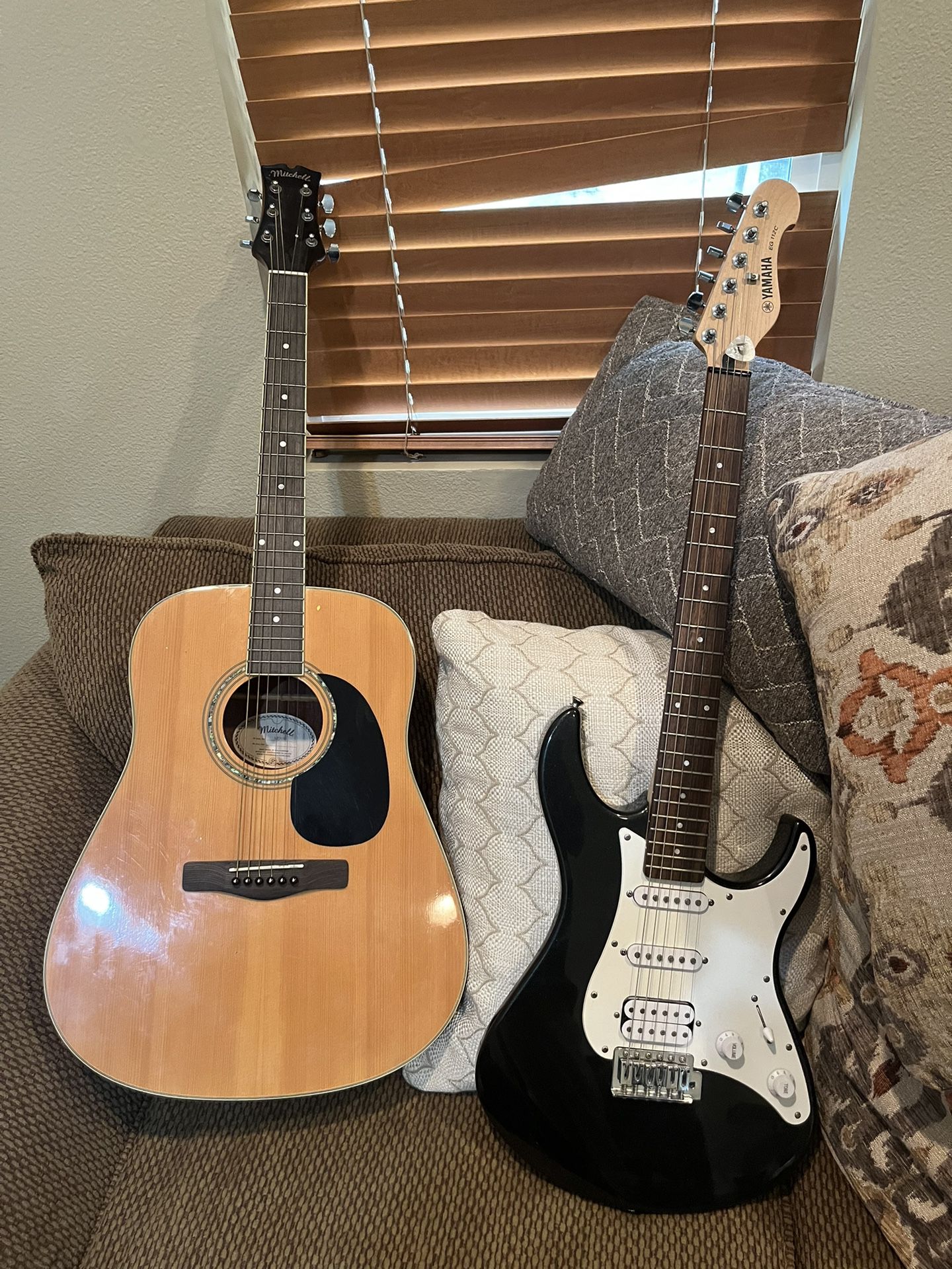 Yamaha Strat And Mitchell Acoustic Guitars 