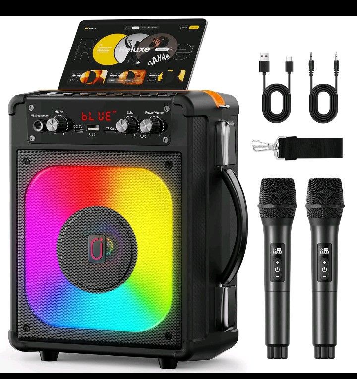 Karaoke Machine, Portable Bluetooth Speaker with 2 Wireless Microphones