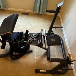 Gold Gym workout bench and rack,plus dumbbell bars , squat neck pad and resistance band.