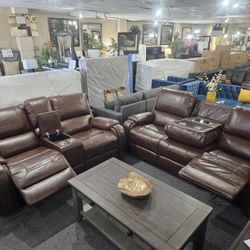 Brand New Brown Bonded Leather Manual Reclining Sofa + Loveseat With Cup Holders