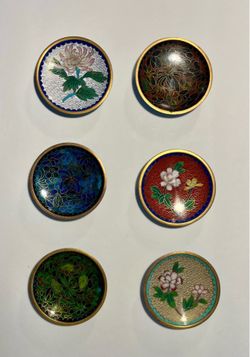 Set of Six Vintage Chinese Cloisonne Enamel Round 3” Trinket Dish Plates