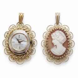 Vintage 1960's Bercona Swiss Filigree Pendant Watch & Reversible Cameo Brooch