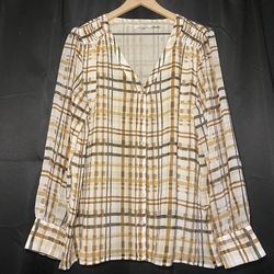 Calvin Klein V-Neck Button Front Blouse Womens XL Beige Tartan Plaid Lined EUC