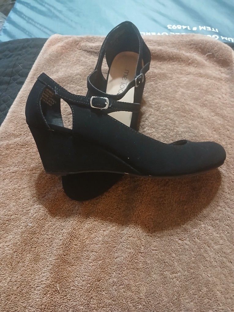 Black Suede Wedge Heel Mary Jane Shoes