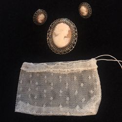 Vintage Sterling Cameo Pendant & Matching Screw On Earrings  