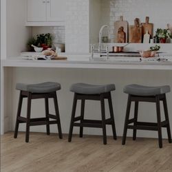 Bar Stools Set of 3, Barstools with Sturdy Wood Legs, Saddle Seat Counter Height Bar Stools for Kitchen Counter, Bar, Dining, 24 Inch Farmhouse Counte