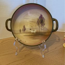 Antique handpainted Nippon farm scene bowl trinket dish 7” x 1-3/4” Green Nippon mark on bottom