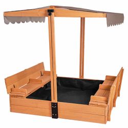Kids Sandbox GUT05, Wooden Sand Box With Cover and Bench - Sandbox with Toy Bin Storage - Brown