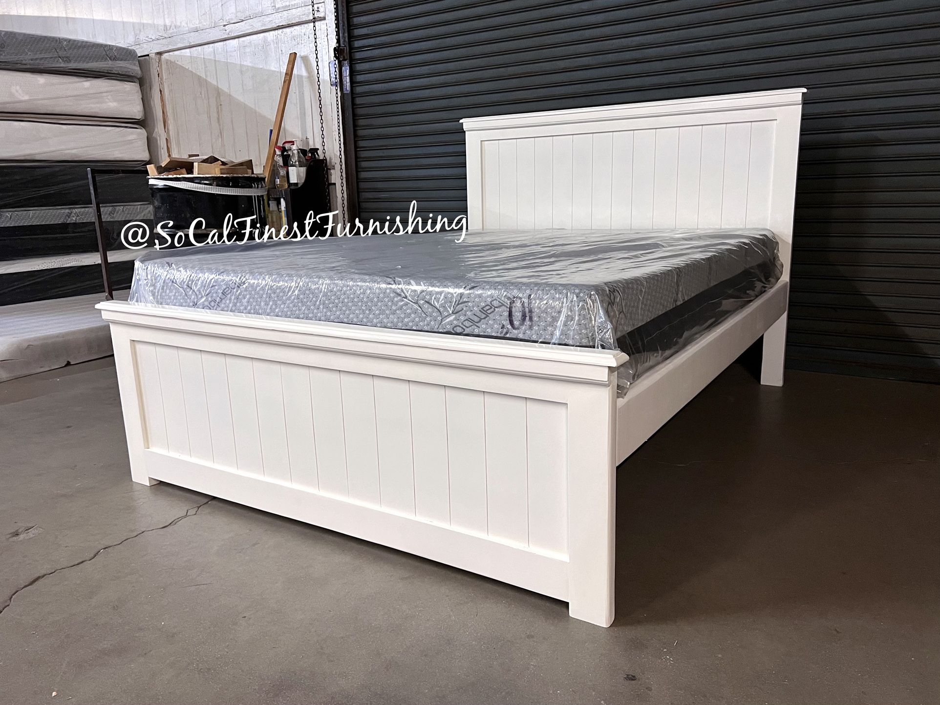 White Queen Bed With Memory Foam Mattress