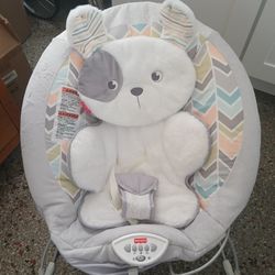 FISHER PRICE SNUGAPUPPY DELUXE BABY BOUNCER, HAS CALMING VIBRATIONS, MUSIC & SOUNDS WITH VOLUME CONTROL. 