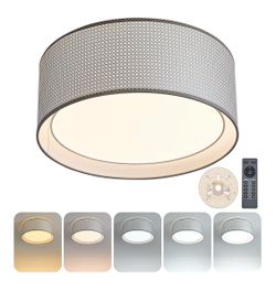 16" Modern LED Dimmable Flush Mount Ceiling Light with Color Temperature Adjustment, Fabric & Rattan Double Drum Shade Boho Ceiling Light Fixture for