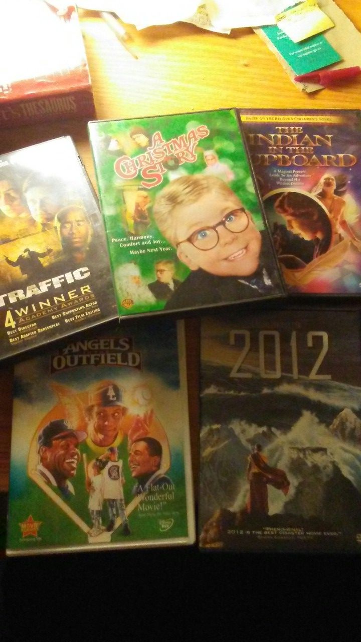 5 dvds angels in outfield,2012,traffic, a christmas story,the indian in the cupboard