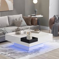Square Coffee Table with LED Lights, HSUNNS Modern High Gloss White LED Coffee Table, End Side Table Sofa Centre Table with Detachable Tray|Remote Con