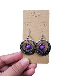 Silver Toned Circle Purple Dangle Earrings