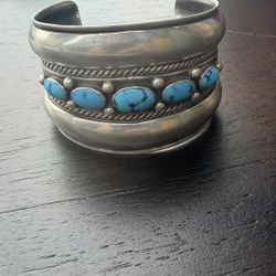 Sterling Silver Large 5 Stone Turquoise Cuff 925 Native 
