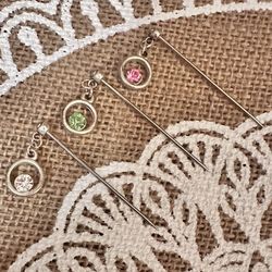 3 Steel Silver Tone Hijab Pins Pink, Green & Clear Crystal Circles