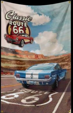 Iconic Route 66 Classic Muscle Car & Road Legends Wall Flag 24"× 35"