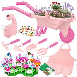 16Pcs Kids Gardening Tools Outdoor Toys Set Backyard Play with 93 PCS DIY Flower Garden Building Preschool Activities (Pink)