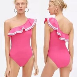 J.Crew One shoulder ruffle one piece swimsuit Barbie pink feminine size 0