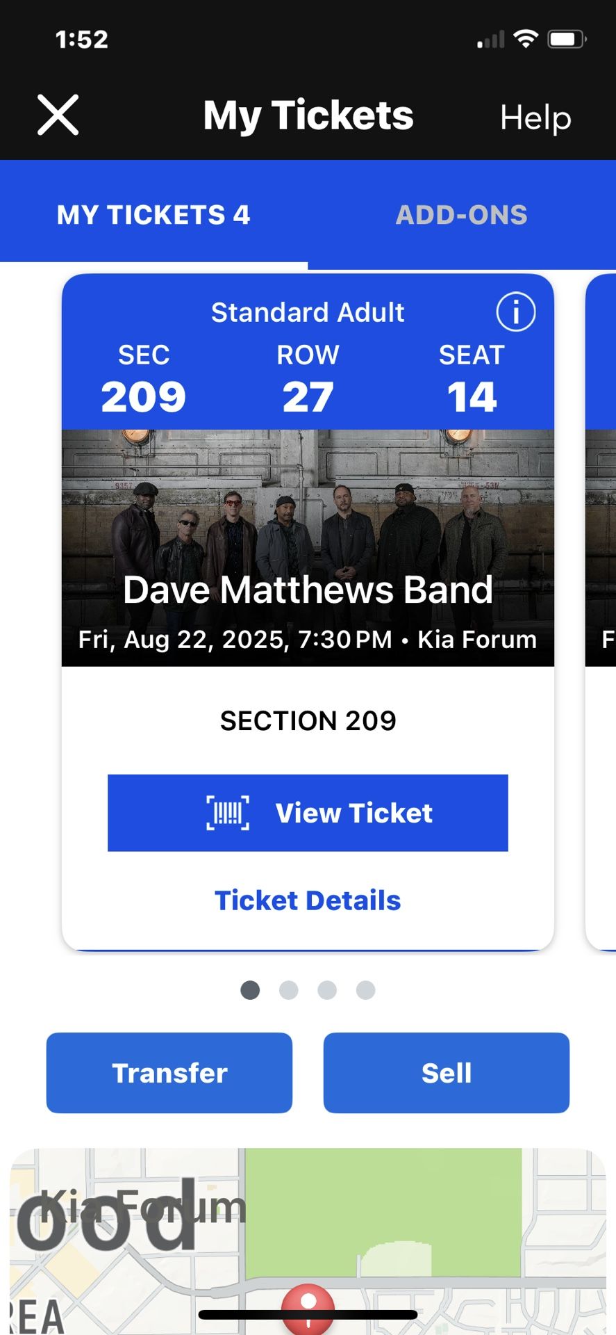 Dave Matthews 3 Tickets sec 209 Row 27 Seats 14,15,16