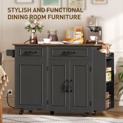 Kitchen Island with Power Outlet & Drop Leaf, Mobile Rolling Cart with Trash Can Storage, 3-Tier Spice Rack, Island Table for Kitchen, Dining Room, Bl