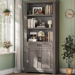 Farmhouse Bookshelves and Bookcases with Doors and Drawer, Grey