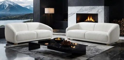 White Boucle Fabric Sofa and Love Seat Set 