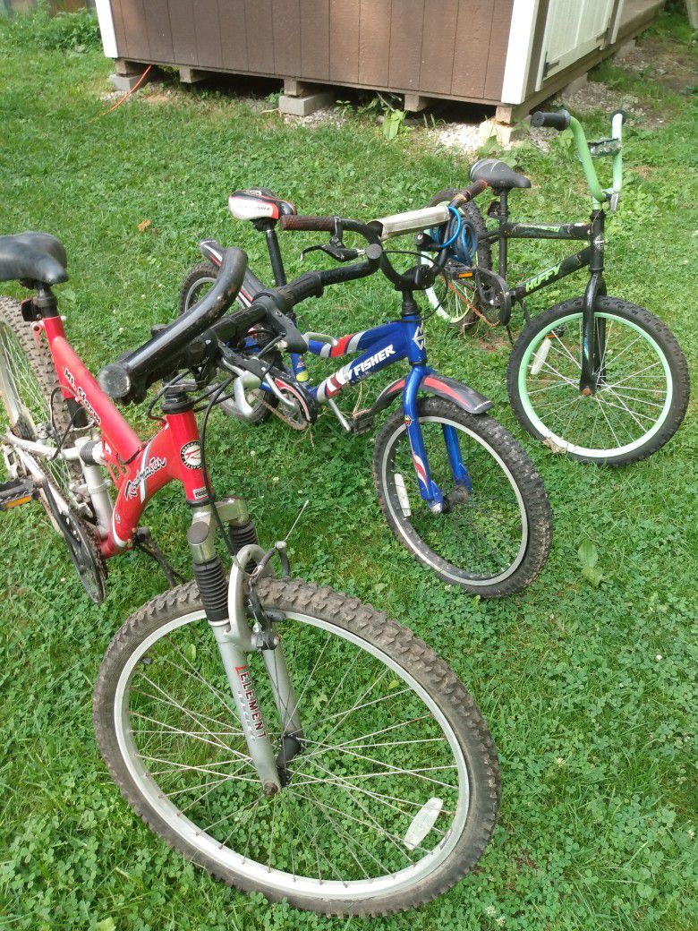 3 Bike's One Adult 2 Kids . Red Mountain Bike . Blue Kids Bike & Green Kids Bike . 