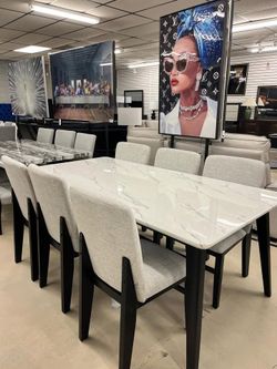 Contemporary Design, White Marble Look Dining Set with High-Back Upholstered Chairs
