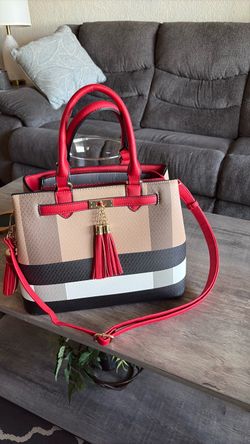 Eastside, Plaid Structured Handbag with Red Leather Trim