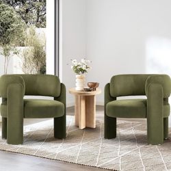 COLAMY Modern Velvet Accent Chair Set of 2, Upholstered Barrel Chairs, Comfy Side Arm Chairs with 3 Legs for Living Room, Bedroom, Reading, Green