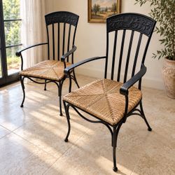 Decorative Iron Armchairs with Woven Seats – Pair