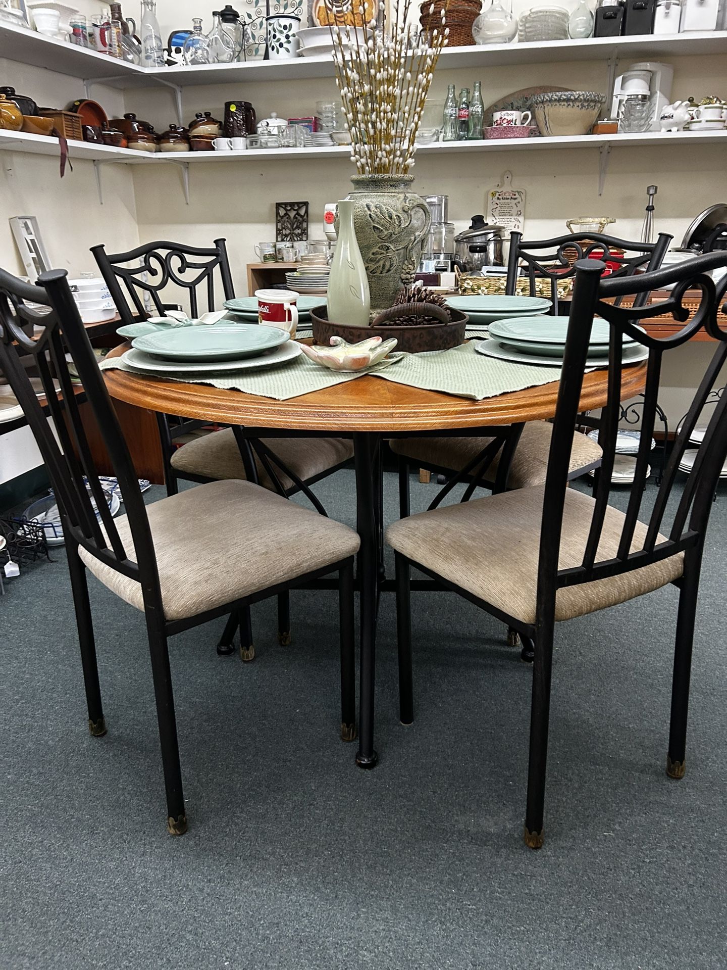 Round Kitchen Table Metal Base Wood Top & 4 Chairs