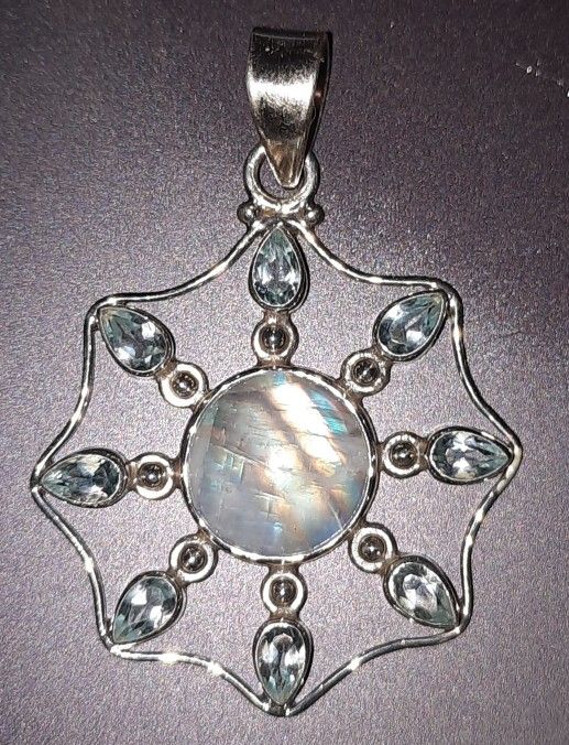 GENUINE STERLING SILVER BLUE TOPAZ & MOONSTONE PROTECTIVE AMULET PENDANT