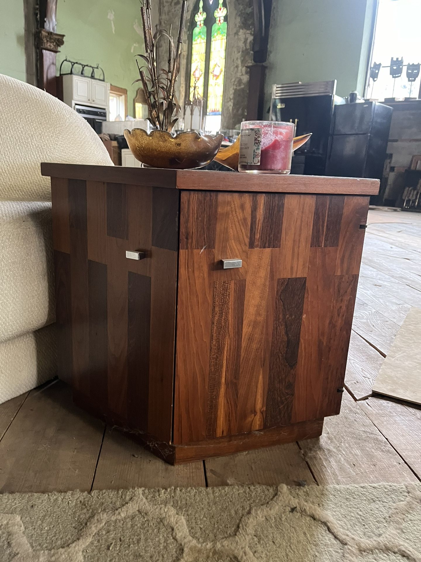 Mid-century modern Lane hexagonal, solid wood, geometric side tables.