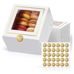White Bakery Boxes with Window (30pcs) 4x4x2.5 Inches - Small 4 Inch Cake Treat Cookie Macaron Dessert Pastry Donut Cupcake Mini 4x4 Gold Gift Box - E