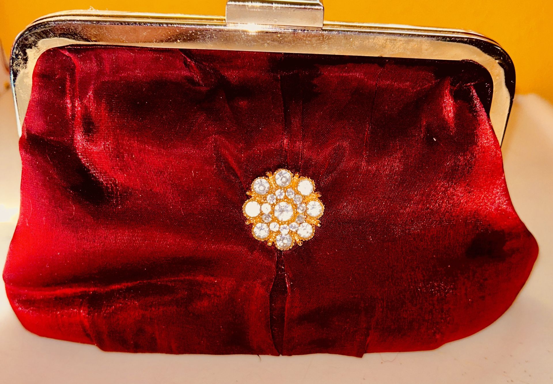 Red Velvet Clutch with Rhinestone Brooch