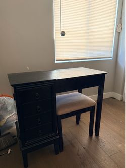 Black Vanity Desk with Mirror & Stool – $100