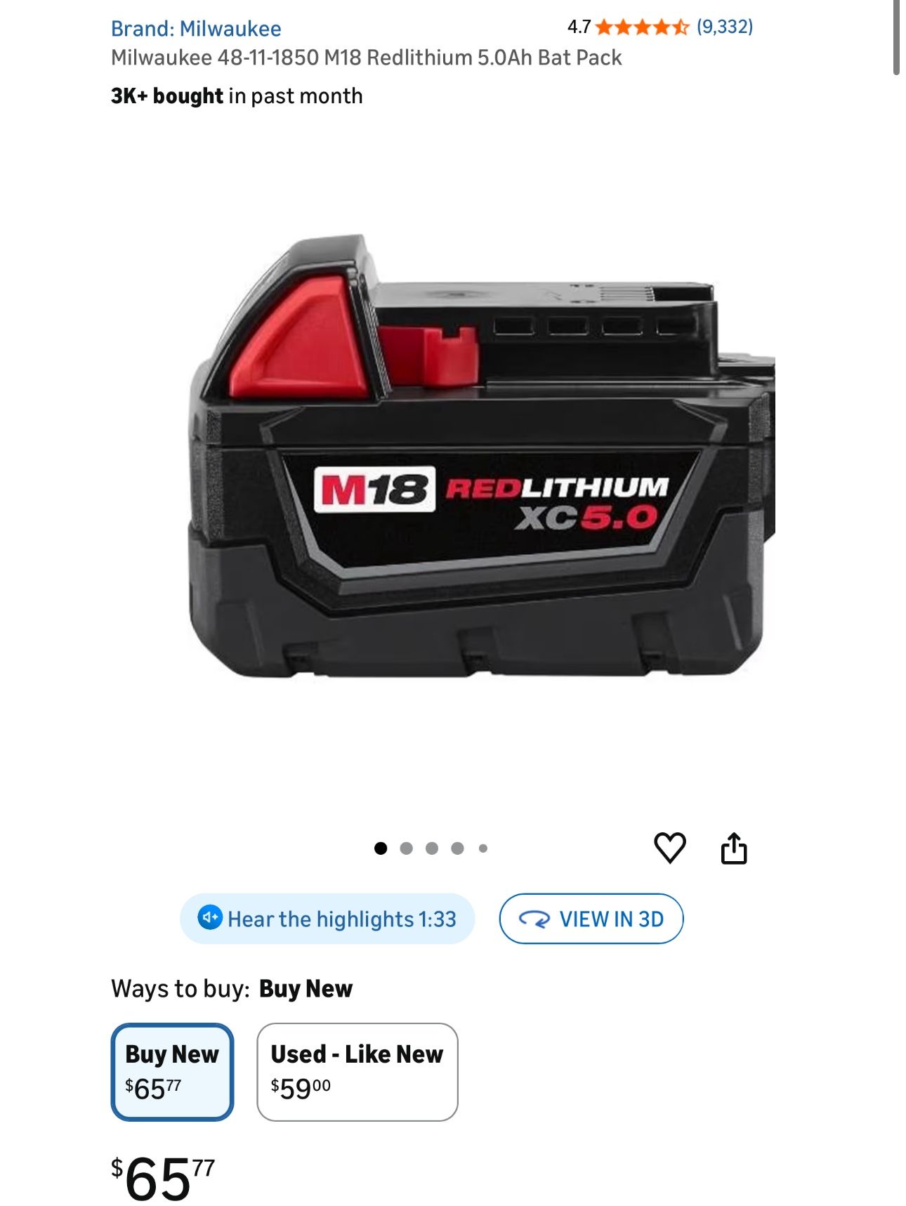 Milwaukee 48-11-1850 M18 Redlithium 5.0Ah Bat Pack