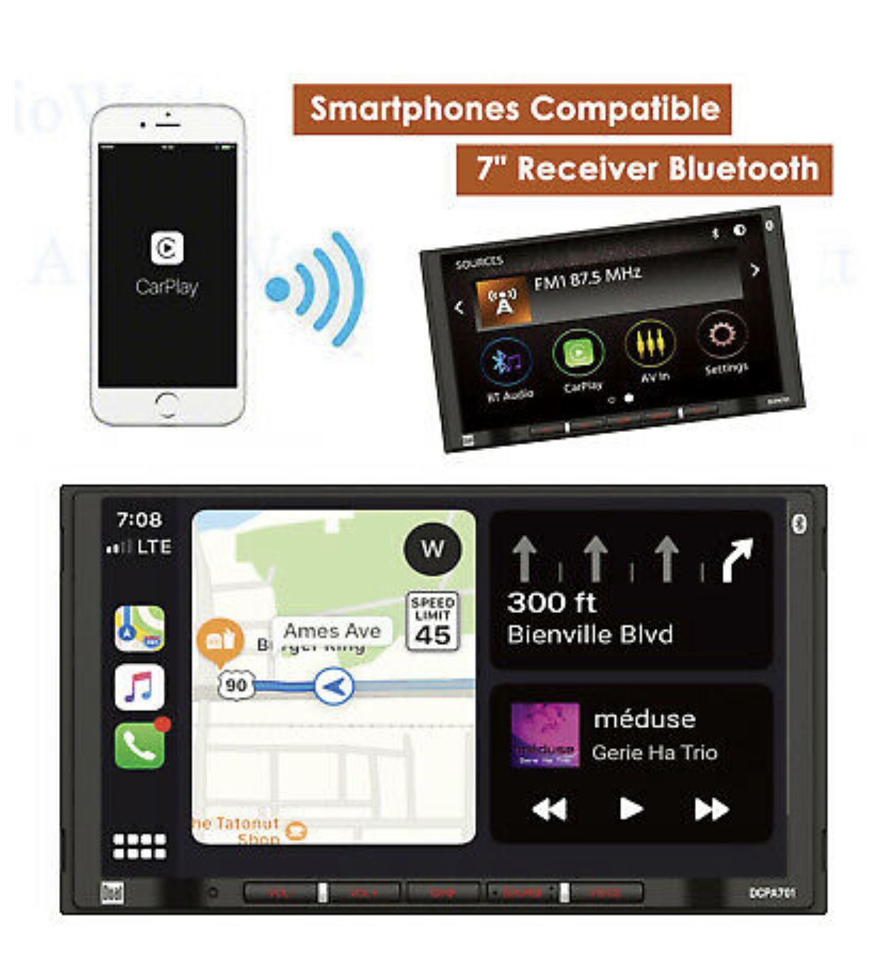 DUAL DMCPA70  7" LCD Multimedia Receiver Bluetooth Apple CarPlay Android Auto Car 