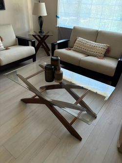Glass Top Coffee Table with Wood Base