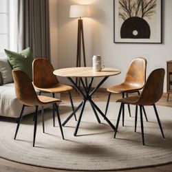 Homy Casa Fontana 31.5" Round Walnut Wood Tone 5 Piece Dining Table Set Dining Room Kitchen Apartment