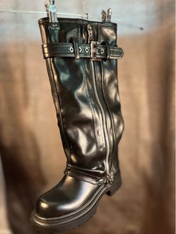 YIYA Women's Platform Knee High Boots Belt Buckle Square Toe Chunky Heel Zipper Tall