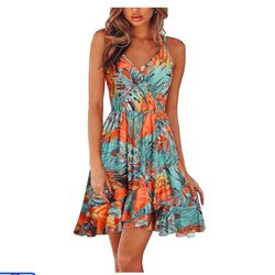 Womens Summer Dresses Floral V Neck Ruffled Hem Spaghetti Spring Casual Beach Outfits Flowy Wrap Sun Dress