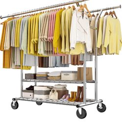 Raybee Heavy Duty Clothes Rack 630 LBS Capacity Double Rods Shelves Storage 360°Lockable Wheels, Snap-on Design, Tool-free Assembly, Extendable Rods, 